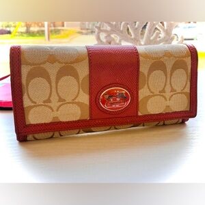 Coach Beige Signature Continental Wallet with Coral-Trim